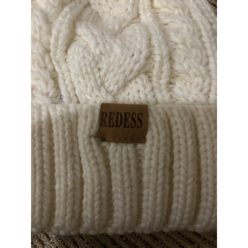 Redess Faux Fur Pompom Beanie Hat Cable Knit Fleece Lined Ski Snow Winter Womens - Picture 2 of 4